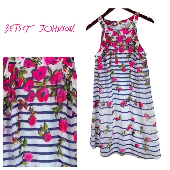 New Betsey Johnson 8 Medium Shift Dress Floral Striped Blue Pink White Slavs - Picture 1 of 4